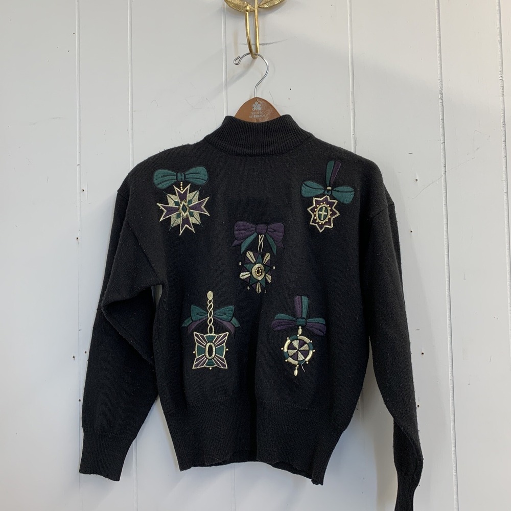 Vintage Suzelle Sweater Women's L Black Embroidery‎ Beaded Turtleneck Wool 80s